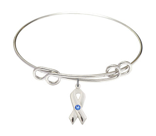 8 1/2 inch Round Double Loop Rhodium Bangle Bracelet with a Sterling Silver Cancer Awareness charm.