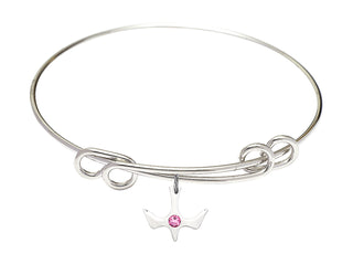8 1/2 inch Round Double Loop Rhodium Bangle Bracelet with a Sterling Silver Holy Spirit charm.
