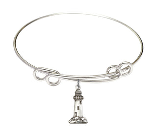 8 1/2 inch Round Double Loop Rhodium Bangle Bracelet with a Sterling Silver Lighthouse charm.