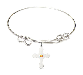 8 1/2 inch Round Double Loop Rhodium Bangle Bracelet with a Sterling Silver Cross charm.