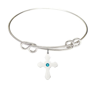 8 1/2 inch Round Double Loop Rhodium Bangle Bracelet with a Sterling Silver Cross charm.