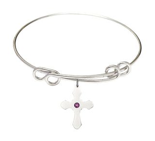 8 1/2 inch Round Double Loop Rhodium Bangle Bracelet with a Sterling Silver Cross charm.