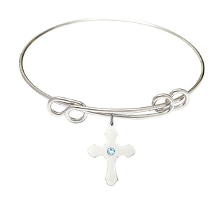 8 1/2 inch Round Double Loop Rhodium Bangle Bracelet with a Sterling Silver Cross charm.