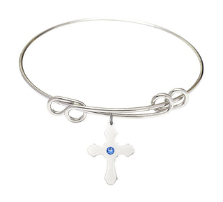 8 1/2 inch Round Double Loop Rhodium Bangle Bracelet with a Sterling Silver Cross charm.