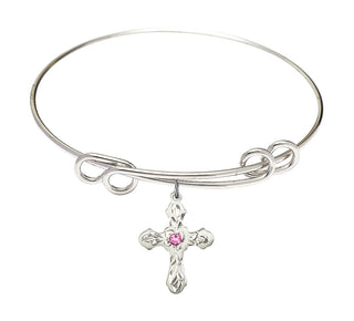 8 1/2 inch Round Double Loop Rhodium Bangle Bracelet with a Sterling Silver Cross charm. Engraved Catholic Saint Jewelry