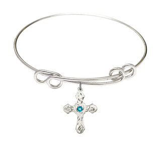 8 1/2 inch Round Double Loop Rhodium Bangle Bracelet with a Sterling Silver Cross charm. Engraved Catholic Saint Jewelry