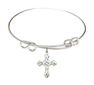 8 1/2 inch Round Double Loop Rhodium Bangle Bracelet with a Sterling Silver Cross charm. Engraved Catholic Saint Jewelry