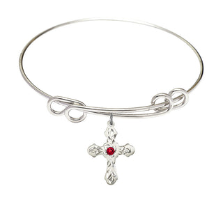 8 1/2 inch Round Double Loop Rhodium Bangle Bracelet with a Sterling Silver Cross charm. Engraved Catholic Saint Jewelry