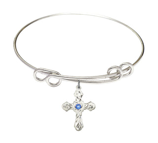 8 1/2 inch Round Double Loop Rhodium Bangle Bracelet with a Sterling Silver Cross charm. Engraved Catholic Saint Jewelry