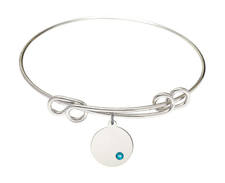 8 1/2 inch Round Double Loop Rhodium Bangle Bracelet with a Sterling Silver Plain Disc charm.