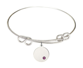 8 1/2 inch Round Double Loop Rhodium Bangle Bracelet with a Sterling Silver Plain Disc charm.