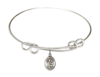 8 1/2 inch Round Double Loop Rhodium Bangle Bracelet with a Sterling Silver Saint Anthony of Padua charm. Engraved Catholic Saint Jewelry
