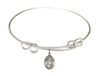 8 1/2 inch Round Double Loop Rhodium Bangle Bracelet with a Sterling Silver Saint Augustine charm. Engraved Catholic Saint Jewelry