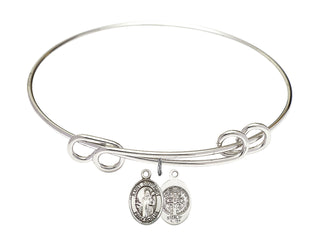 8 1/2 inch Round Double Loop Rhodium Bangle Bracelet with a Sterling Silver Saint Benedict charm.