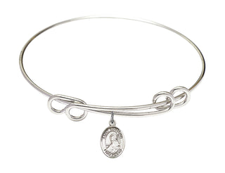 8 1/2 inch Round Double Loop Rhodium Bangle Bracelet with a Sterling Silver Saint Benjamin charm. Engraved Catholic Saint Jewelry