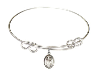 8 1/2 inch Round Double Loop Rhodium Bangle Bracelet with a Sterling Silver Saint Dennis charm. Engraved Catholic Saint Jewelry