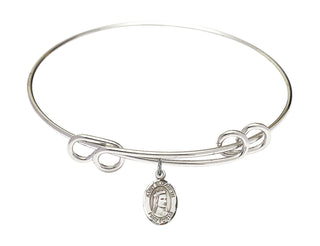 8 1/2 inch Round Double Loop Rhodium Bangle Bracelet with a Sterling Silver Saint Elizabeth of Hungary charm. Engraved Catholic Saint Jewelry