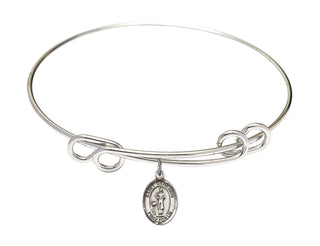 8 1/2 inch Round Double Loop Rhodium Bangle Bracelet with a Sterling Silver Saint Genesius of Rome charm. Engraved Catholic Saint Jewelry