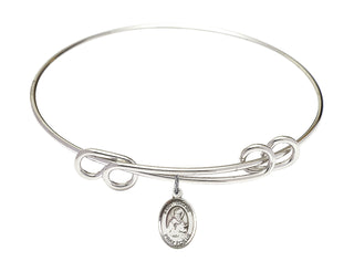 8 1/2 inch Round Double Loop Rhodium Bangle Bracelet with a Sterling Silver Saint Isidore of Seville charm. Engraved Catholic Saint Jewelry
