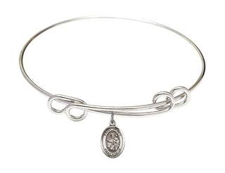 8 1/2 inch Round Double Loop Rhodium Bangle Bracelet with a Sterling Silver Saint James the Greater charm. Engraved Catholic Saint Jewelry