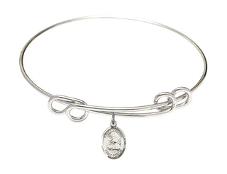 8 1/2 inch Round Double Loop Rhodium Bangle Bracelet with a Sterling Silver Saint Joshua charm. Engraved Catholic Saint Jewelry