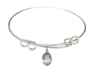 8 1/2 inch Round Double Loop Rhodium Bangle Bracelet with a Sterling Silver Saint Maria Faustina charm. Engraved Catholic Saint Jewelry