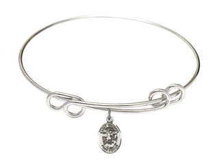 8 1/2 inch Round Double Loop Rhodium Bangle Bracelet with a Sterling Silver Saint Michael the Archangel charm. Engraved Catholic Saint Jewelry