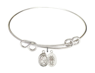 8 1/2 inch Round Double Loop Rhodium Bangle Bracelet with a Sterling Silver Miraculous charm. Engraved Catholic Saint Jewelry