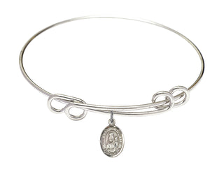 8 1/2 inch Round Double Loop Rhodium Bangle Bracelet with a Sterling Silver Our Lady of Loretto charm. Engraved Catholic Saint Jewelry