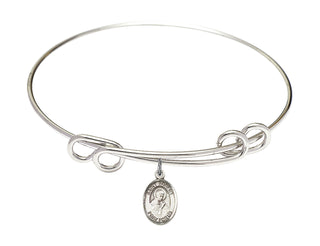 8 1/2 inch Round Double Loop Rhodium Bangle Bracelet with a Sterling Silver Saint Robert Bellarmine charm. Engraved Catholic Saint Jewelry