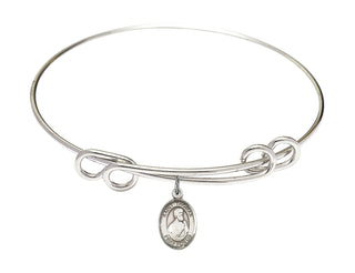 8 1/2 inch Round Double Loop Rhodium Bangle Bracelet with a Sterling Silver Saint Thomas the Apostle charm. Engraved Catholic Saint Jewelry