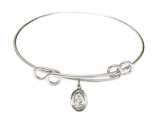8 1/2 inch Round Double Loop Rhodium Bangle Bracelet with a Sterling Silver Saint Agnes of Rome charm. Engraved Catholic Saint Jewelry