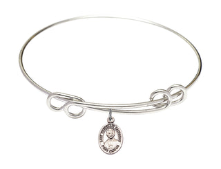 8 1/2 inch Round Double Loop Rhodium Bangle Bracelet with a Sterling Silver Saint Marcellin Champagnat charm. Engraved Catholic Saint Jewelry