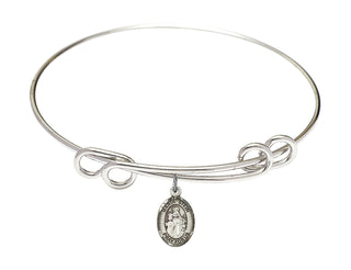 8 1/2 inch Round Double Loop Rhodium Bangle Bracelet with a Sterling Silver Maria Stein charm. Engraved Catholic Saint Jewelry