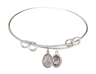 8 1/2 inch Round Double Loop Rhodium Bangle Bracelet with a Sterling Silver Saint Christopher/Softball charm.