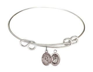 8 1/2 inch Round Double Loop Rhodium Bangle Bracelet with a Sterling Silver Saint Sebastian / Rugby charm.