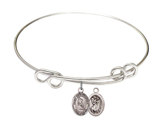 8 1/2 inch Round Double Loop Rhodium Bangle Bracelet with a Sterling Silver Saint Christopher / Rugby charm.