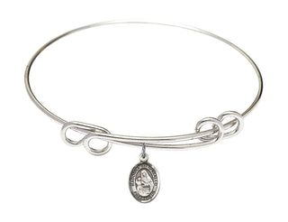 8 1/2 inch Round Double Loop Rhodium Bangle Bracelet with a Sterling Silver Saint Madonna Del Ghisallo charm. Engraved Catholic Saint Jewelry