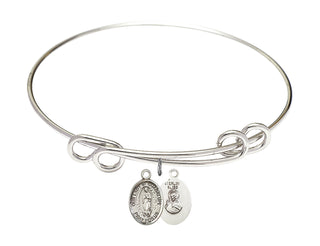 8 1/2 inch Round Double Loop Rhodium Bangle Bracelet with a Sterling Silver Our Lady of Guadalupe charm. Engraved Catholic Saint Jewelry