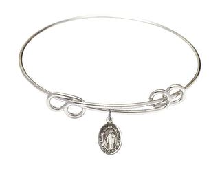 8 1/2 inch Round Double Loop Rhodium Bangle Bracelet with a Sterling Silver Saint Joseph the Worker charm. Engraved Catholic Saint Jewelry