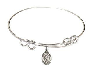 8 1/2 inch Round Double Loop Rhodium Bangle Bracelet with a Sterling Silver Saint Stephanie charm. Engraved Catholic Saint Jewelry