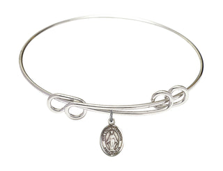 8 1/2 inch Round Double Loop Rhodium Bangle Bracelet with a Sterling Silver Our Lady of Lebanon charm. Engraved Catholic Saint Jewelry
