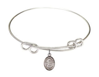 8 1/2 inch Round Double Loop Rhodium Bangle Bracelet with a Sterling Silver San Juan de la Cruz charm. Engraved Catholic Saint Jewelry