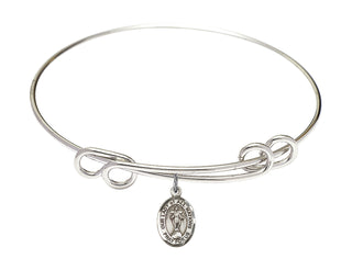 8 1/2 inch Round Double Loop Rhodium Bangle Bracelet with a Sterling Silver Our Lady of All Nations charm. Engraved Catholic Saint Jewelry