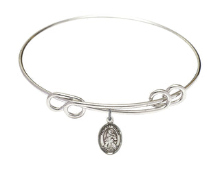 8 1/2 inch Round Double Loop Rhodium Bangle Bracelet with a Sterling Silver Saint Isaiah charm. Engraved Catholic Saint Jewelry