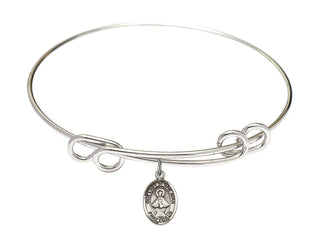 8 1/2 inch Round Double Loop Rhodium Bangle Bracelet with a Sterling Silver Our Lady of San Juan charm. Engraved Catholic Saint Jewelry