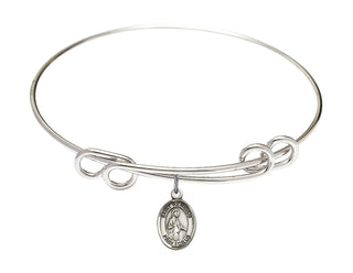 8 1/2 inch Round Double Loop Rhodium Bangle Bracelet with a Sterling Silver Saint Remigius of Reims charm. Engraved Catholic Saint Jewelry