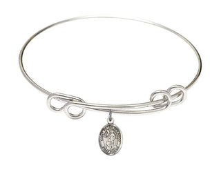 8 1/2 inch Round Double Loop Rhodium Bangle Bracelet with a Sterling Silver Saint Peter Nolasco charm. Engraved Catholic Saint Jewelry