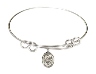 8 1/2 inch Round Double Loop Rhodium Bangle Bracelet with a Sterling Silver Saint Meinrad of Einsiedeln charm. Engraved Catholic Saint Jewelry