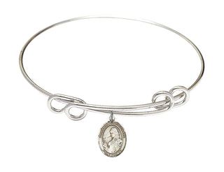 8 1/2 inch Round Double Loop Rhodium Bangle Bracelet with a Sterling Silver Saint Finnian of Clonard charm. Engraved Catholic Saint Jewelry